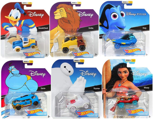 Hot Wheels 2019 Disney/Pixar Character Cars Series 4, Set of 6 Collectible Die Cast Toy Cars Moana, Dory, Donald Duck, Genie, Simba, Baymax