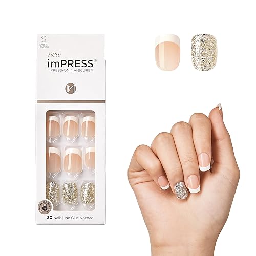 KISS imPRESS Press-On Manicure, Nail Kit, PureFit Technology, Short Press-On Nails, 'Time Slip', Includes Prep Pad, Mini Nail File, Cuticle Stick,
