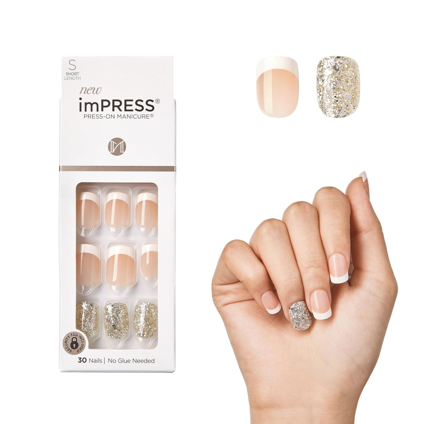 KISS imPRESS Press-On Manicure, Nail Kit, PureFit Technology, Short Press-On Nails, 'Time Slip', Includes Prep Pad, Mini Nail File, Cuticle Stick,
