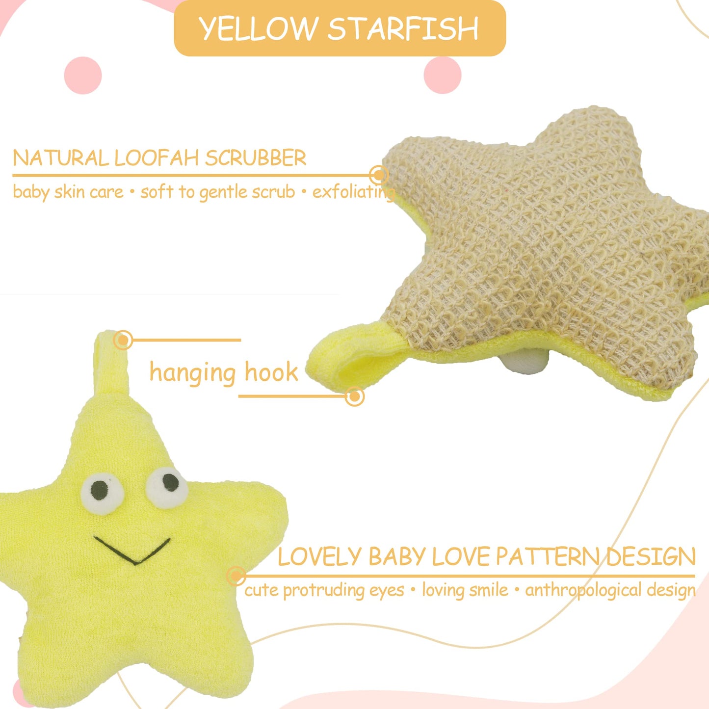 Bleu Bath (2 Pack) Animal Body Scrubber Natural Linen Shower Ball for Toddler Kids Gentle Exfoliating Bath Sponge Loofah Pouf in Yellow Starfish Red