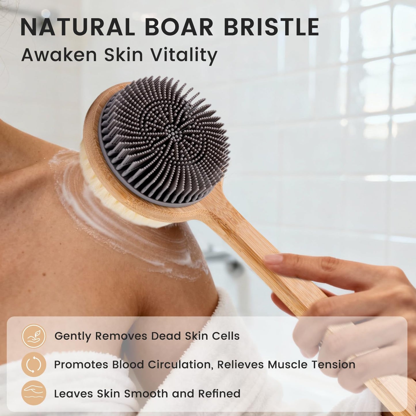 Back Scrubber for Shower - Double-Sided Silicone and Super-Dense Bristles for Deep Cleaning & Exfoliation, Bamboo Long Handle with Wider Anti-Slip Beauty and Personal Care VWMYQ