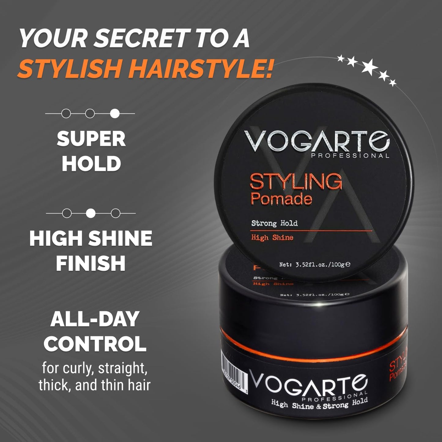 Vogarte Hair Styling Pomade for Men, Strong Hold with Medium Shine, Water-Based Hair Wax, Classic Gentleman Grooming Product, Flexible All-Day Hold