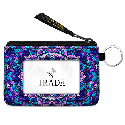 Irada Id Case Wallet Keychain With Clear Window Zipper Cute Coin Purse For Women Water Resistant Small Pouch-Purple Mandala Flower