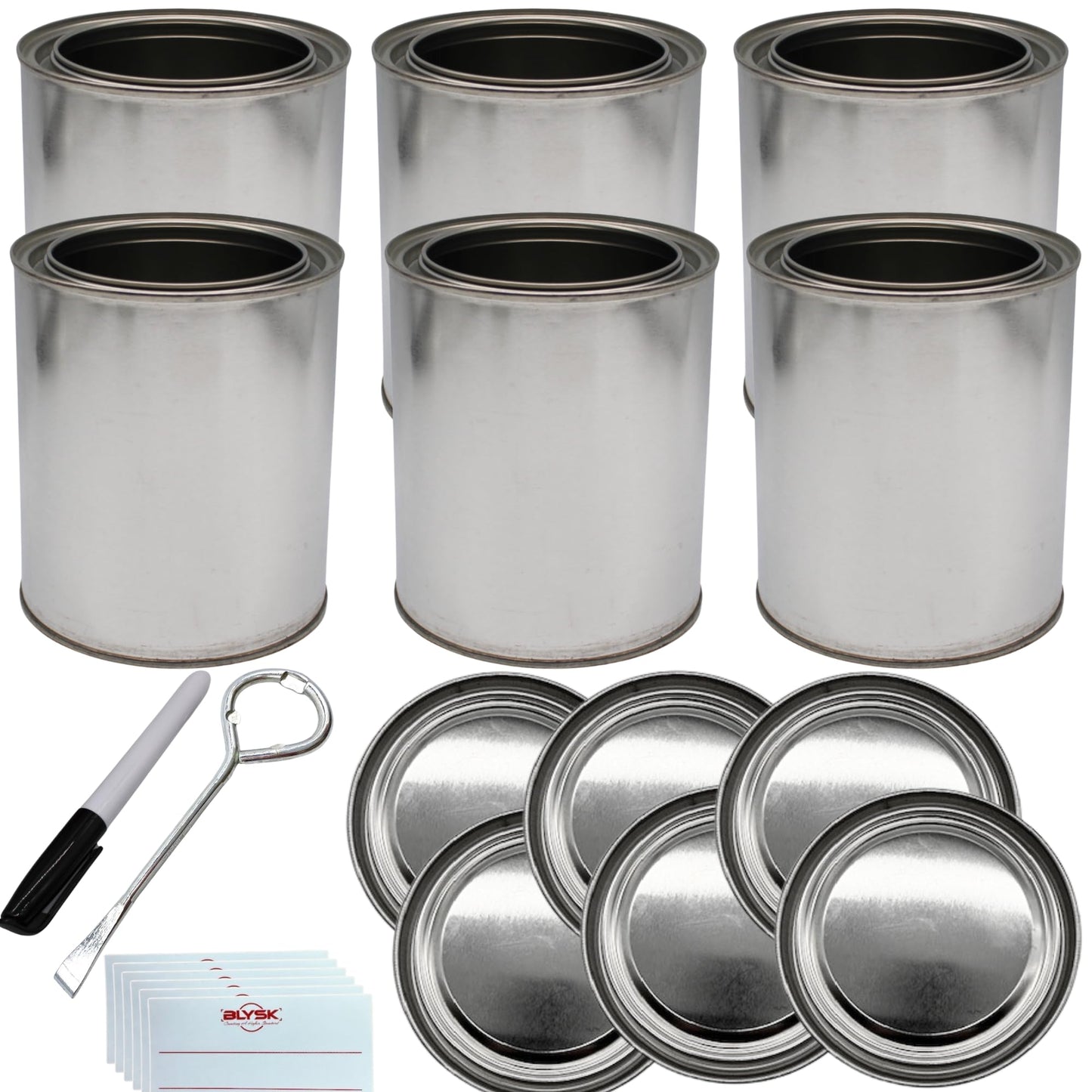 Blysk Empty Paint Cans with Lids - Quart/32 oz Unlined Containers for Paint, Solvents, Crafts & DIY, Can opener, Marker and Labels included 6 Pack
