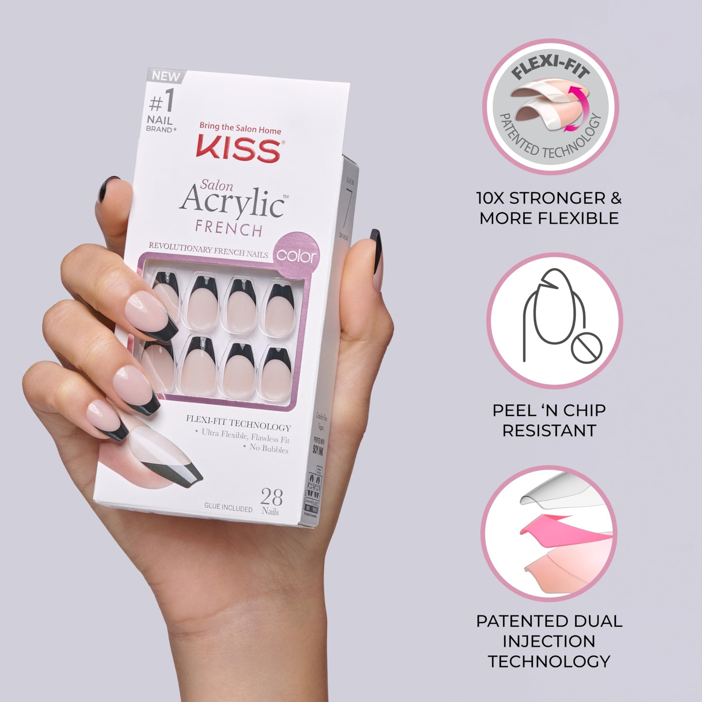 KISS Salon Acrylic, Press On Nails, Nail glue included, 'Flame', Black, Short Size, Coffin Shape, Includes 28 Nails, 2g glue, 1 Manicure Stick, 1 Mini Beauty & Personal Care KISS