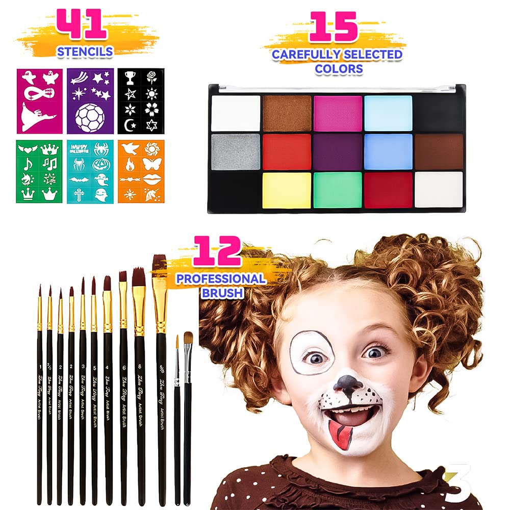 Face Painting Kit for Adults, Water Activated Body Face Paint, 15 Colors Water Based Facepaints Makeup Palette 12 Pcs Brushes, Stencils, Non Toxic