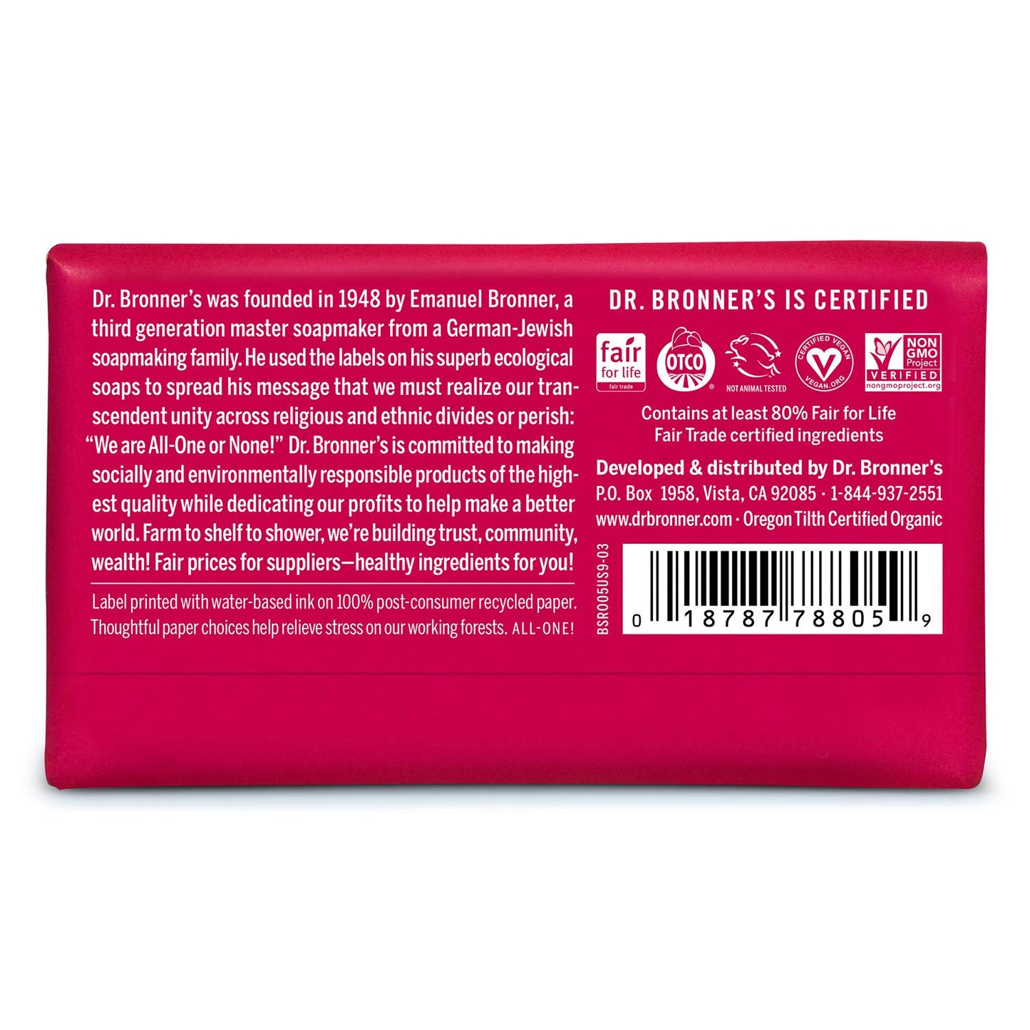 Dr. Bronner's - Pure-Castile Bar Soap - Rose, Made w/Organic Oils, For Face, Body & Hair, Gentle & Moisturizing, Smooth Lather, Biodegradable, Vegan