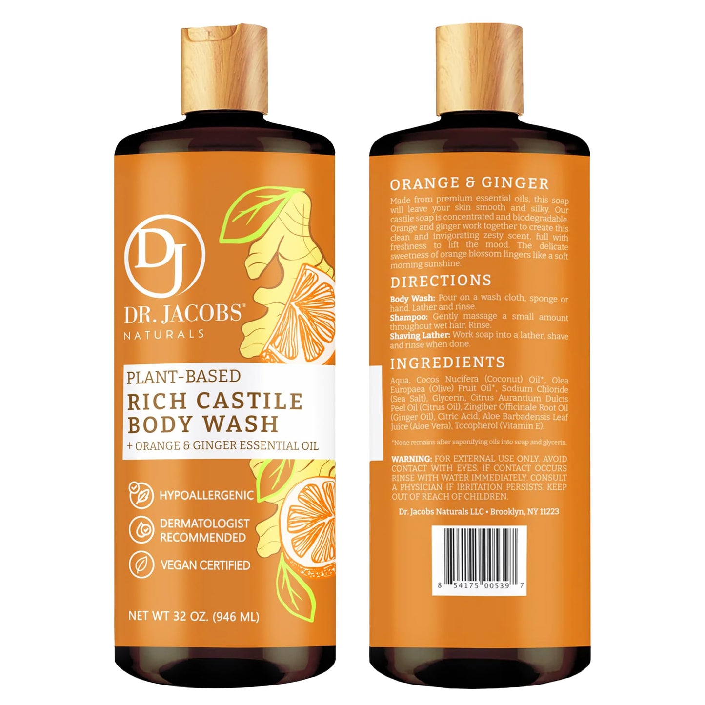 Dr. Jacobs Naturals Pure Castile Soap Liquid Body Wash, Orange & Ginger - Plant Based Soap Infused with Vitamin E & Aloe Vera to Moisturize Dry
