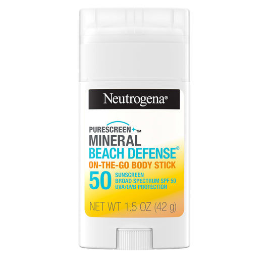 Neutrogena Purescreen+ Mineral Beach Defense On-The-Go Body Sunscreen Stick with Broad Spectrum SPF 50, Water Resistant UVA/UVB Protection, Absorbs