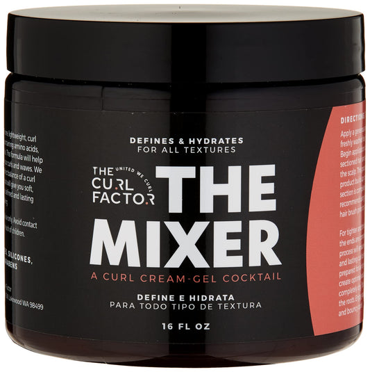The Curl Factor presents The Mixer, a 16 oz all in one, lightweight, curl cream gel cocktail that will give you soft, shiny and bouncy curls every