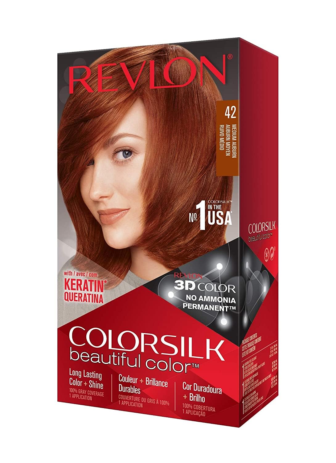 REVLON Colorsilk Beautiful Color, Permanent Hair Color with 3D Gel Technology & Keratin, 100% Gray Coverage Hair Dye, 42 Medium Auburn