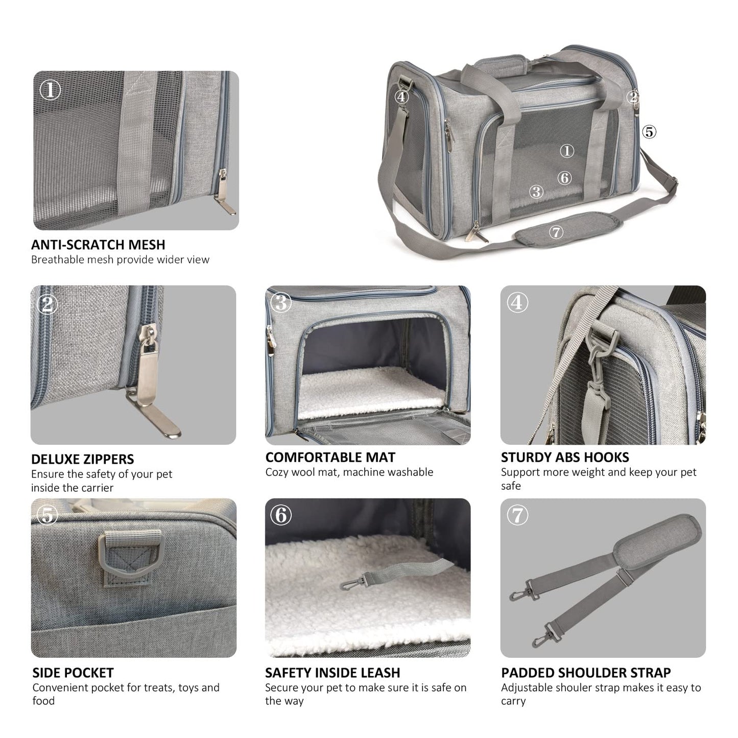 Henkelion TSA Approved Pet Carrier – Soft, Collapsible Travel Bag for Small Dogs & Cats up to 15lbs, Waterproof, Grey