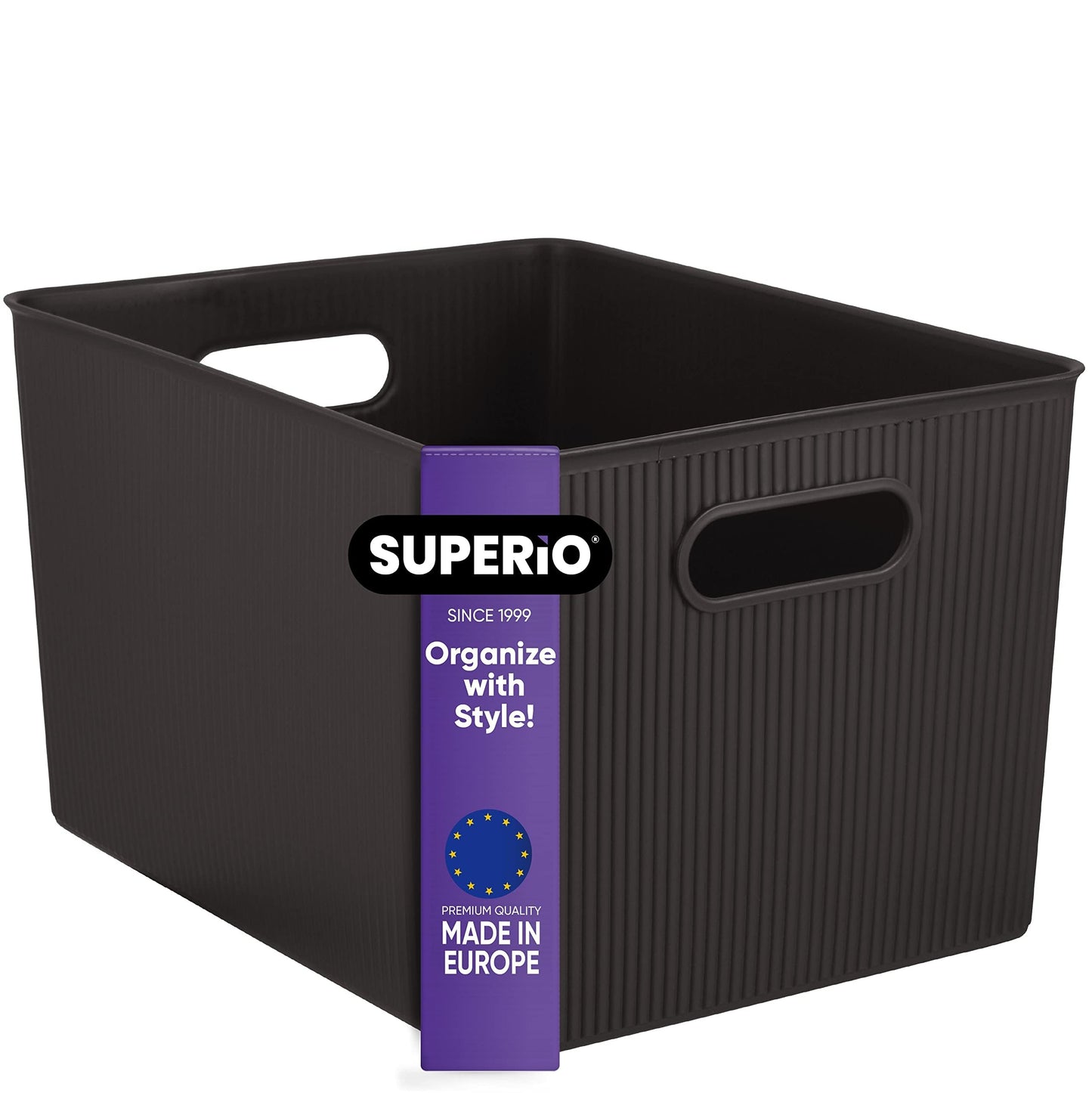 Superio Ribbed Collection - Decorative Plastic Open Home Storage Bins Organizer Baskets, X-Large Brown (1 Pack) Container Boxes for Organizing Closet…