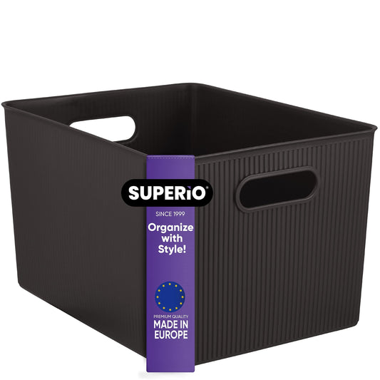 Superio Ribbed Collection - Decorative Plastic Open Home Storage Bins Organizer Baskets, X-Large Brown (1 Pack) Container Boxes for Organizing Closet…