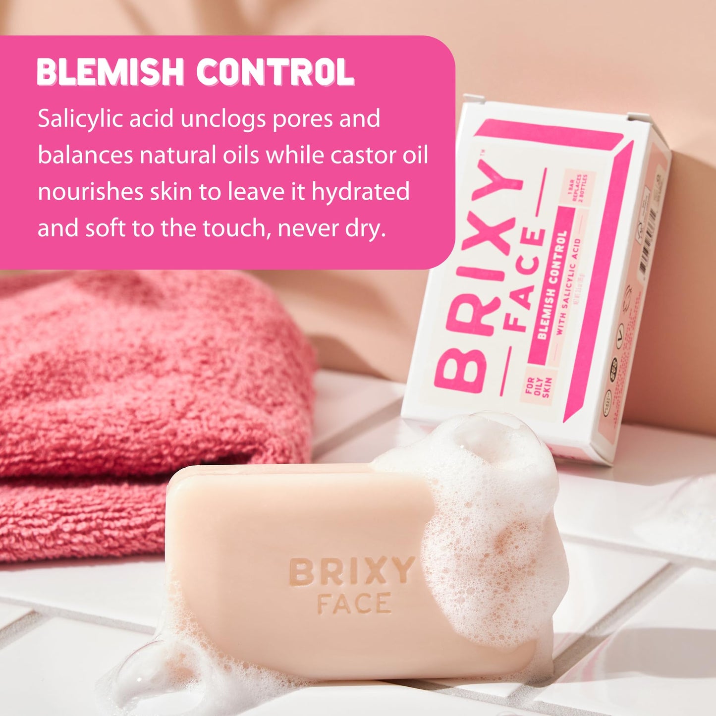 BRIXY Blemish Control Facial Cleansing Bar - Salicylic Acid Unclogs Pores And Balances Natural Oils, Ceramides and Niacinamide Promote Heathy Skin