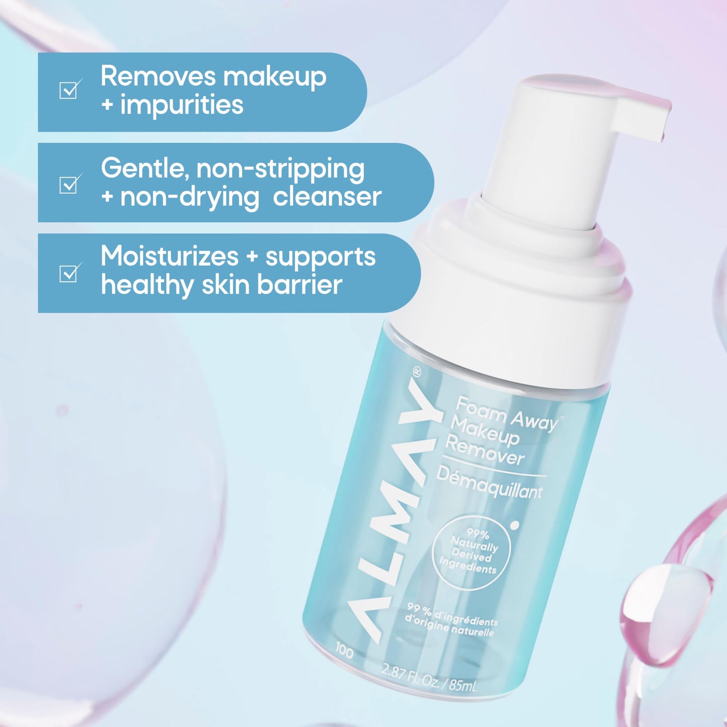 Almay Foam Away Makeup Remover & Face Wash, Gentle Foaming Facial Cleanser, Hypoallergenic, Non-Stripping, Vegan, Cruelty-Free Formula, 100, 2.87 fl
