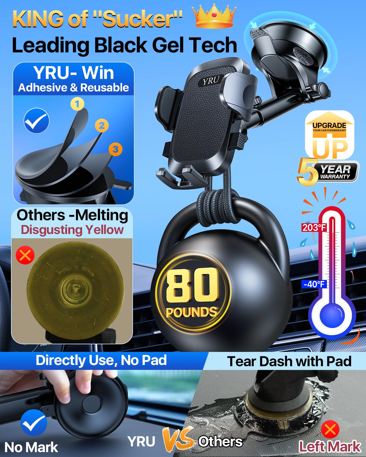 YRU [True Upgrade for Safety] Car Phone Holder Mount [Patent & Military-Grade] Dashboard Cell Phone Holder for Car Vent Windshield Phone Stand…