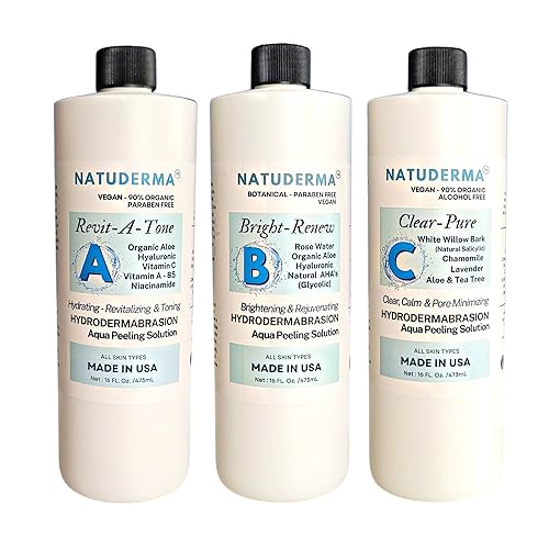 Hydrodermabrasion Solution, Aqua Peeling Serum, Solution for Wet Microdermabrasion, 3 bottles of 16 oz each, Natuderma Hydro Serum. MADE IN USA