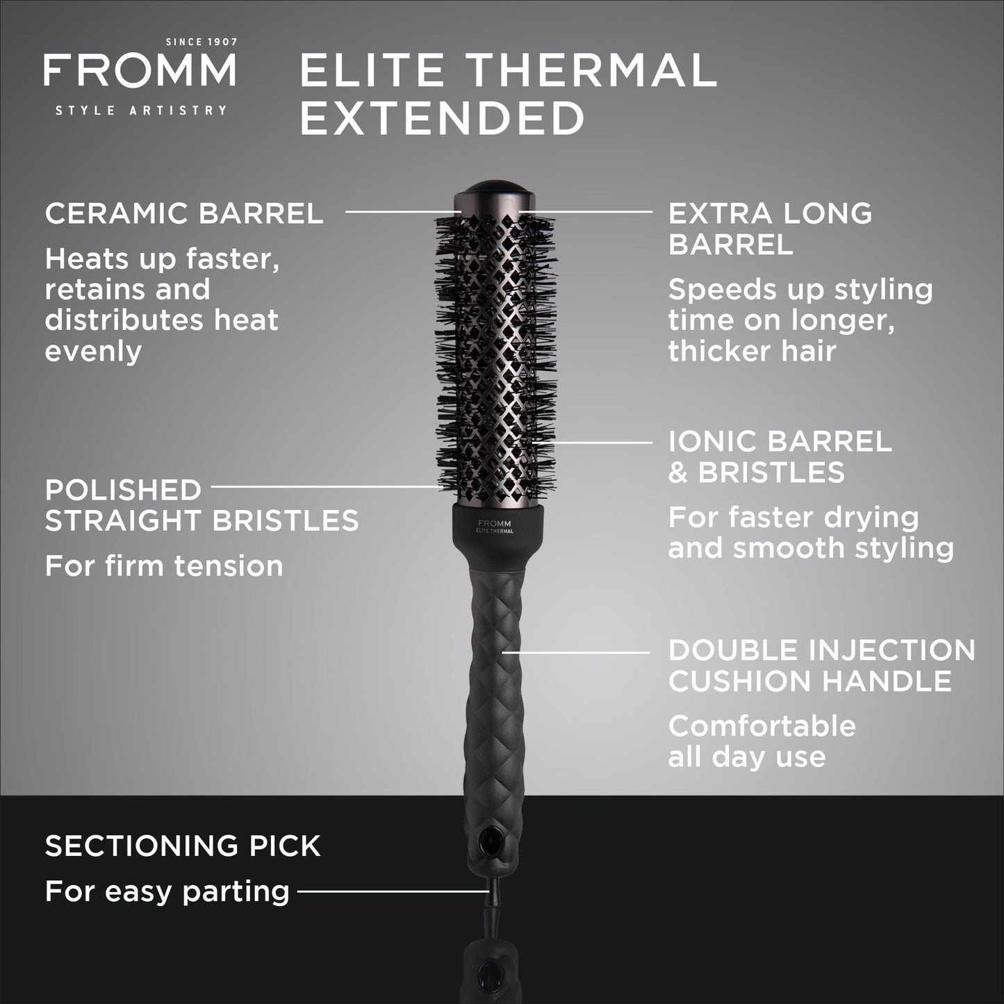 Fromm Elite Thermal Ceramic x Ionic 1.25" Round Brush for Expert Blowouts and Faster Hair Drying | Extended Barrel for Styling, Smoothing
