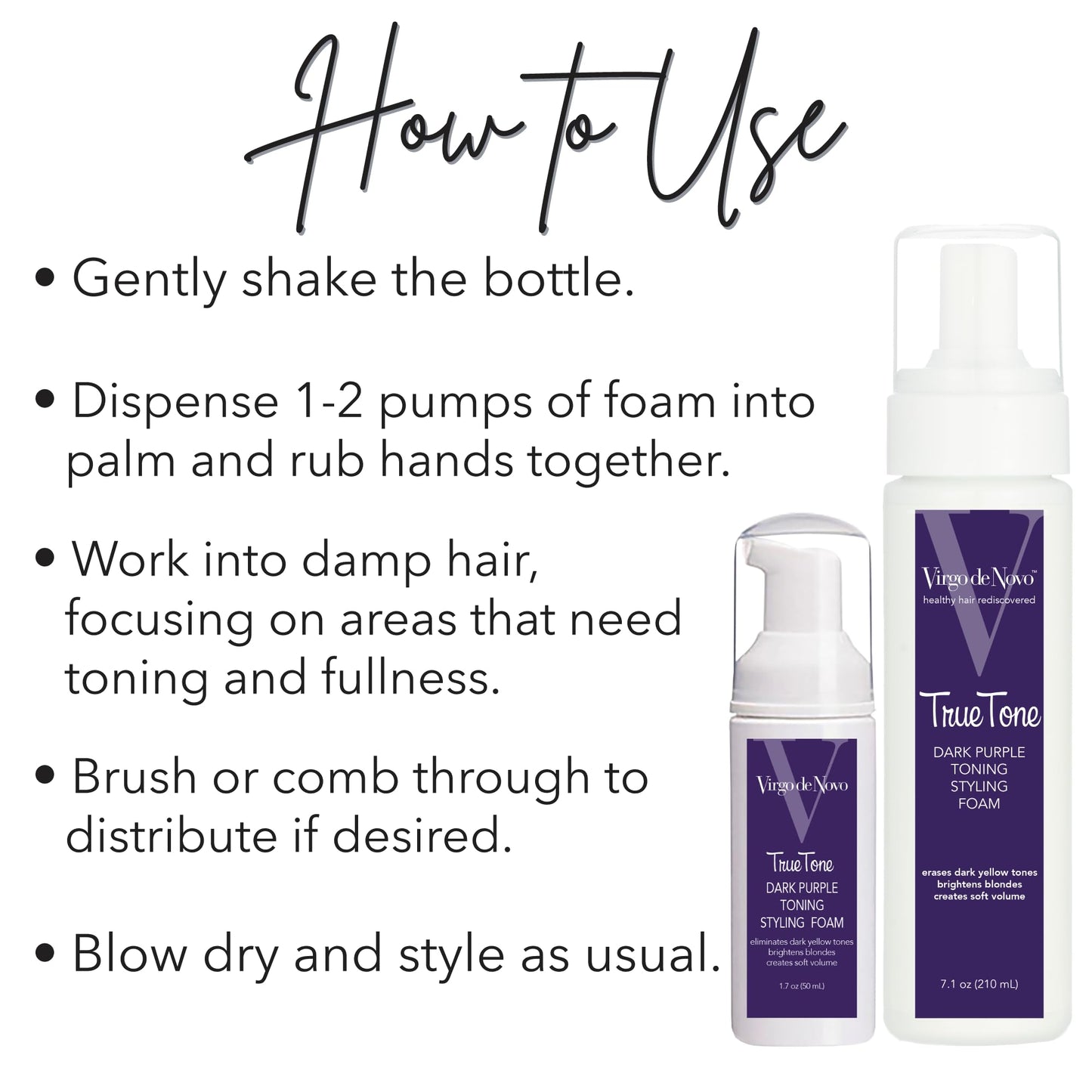 Virgo de Novo Dark Purple Toning & Styling Foam - Brightens Blondes - Brondes - Removes Dark Yellow & Brassy Tones on Balayaged, Bleached, or