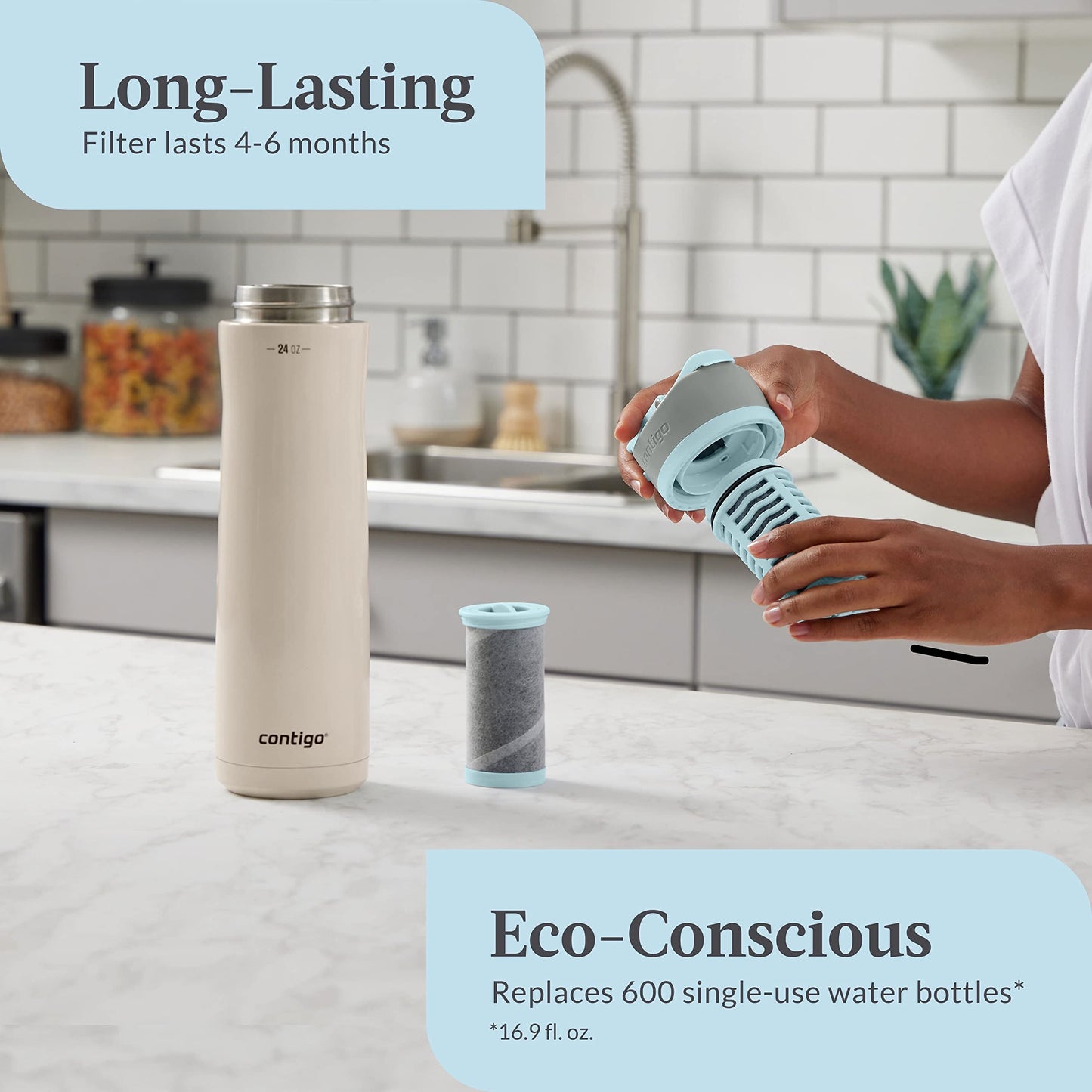 Contigo Clybourn Chill Stainless Steel FreeFlow Filter Water Bottle with AUTOSEAL, 24oz., Salt