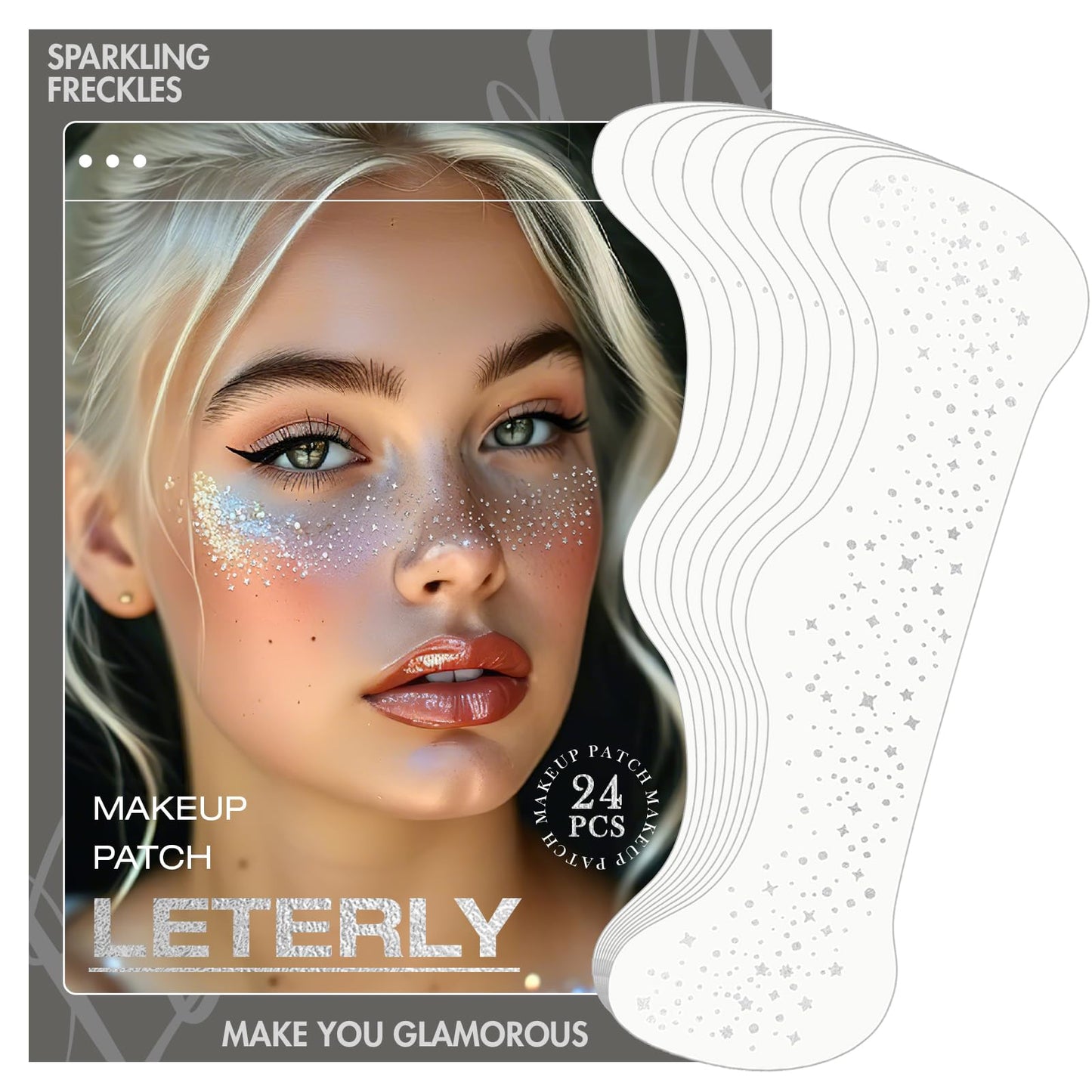 Leterly 24 Pcs Glitter Freckles Face Tattoo,Silver Face Glitter Makeup Patches Cute Sparkle Freckles Patches Waterproof Makeup Speckles for Face