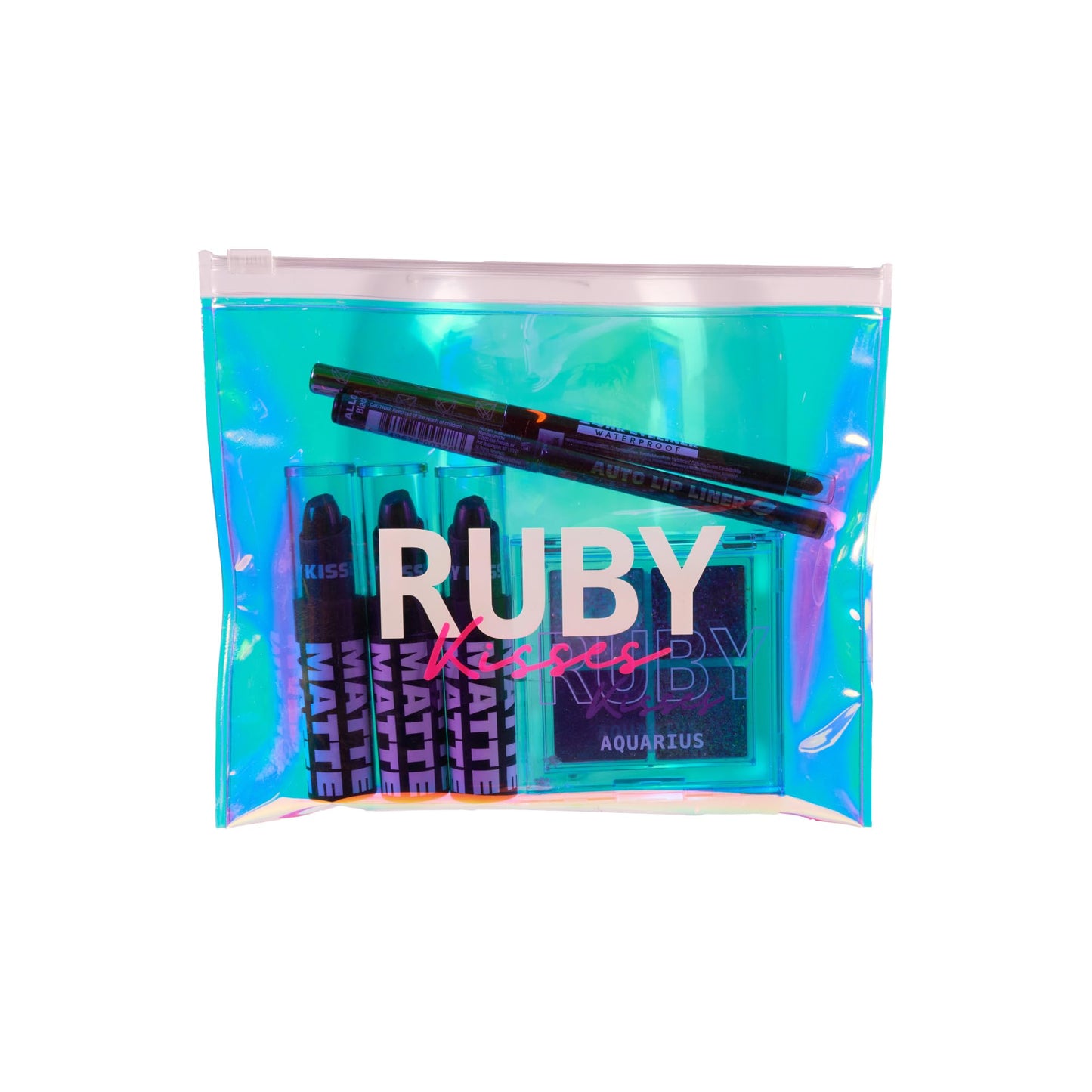 Ruby Kisses Limited Edition Bold Makeup Kit - 3 Mattest Matte Lipsticks, Glitter Gem Palette, Waterproof Eyeliner, Auto Lip Liner & Holographic Pouch