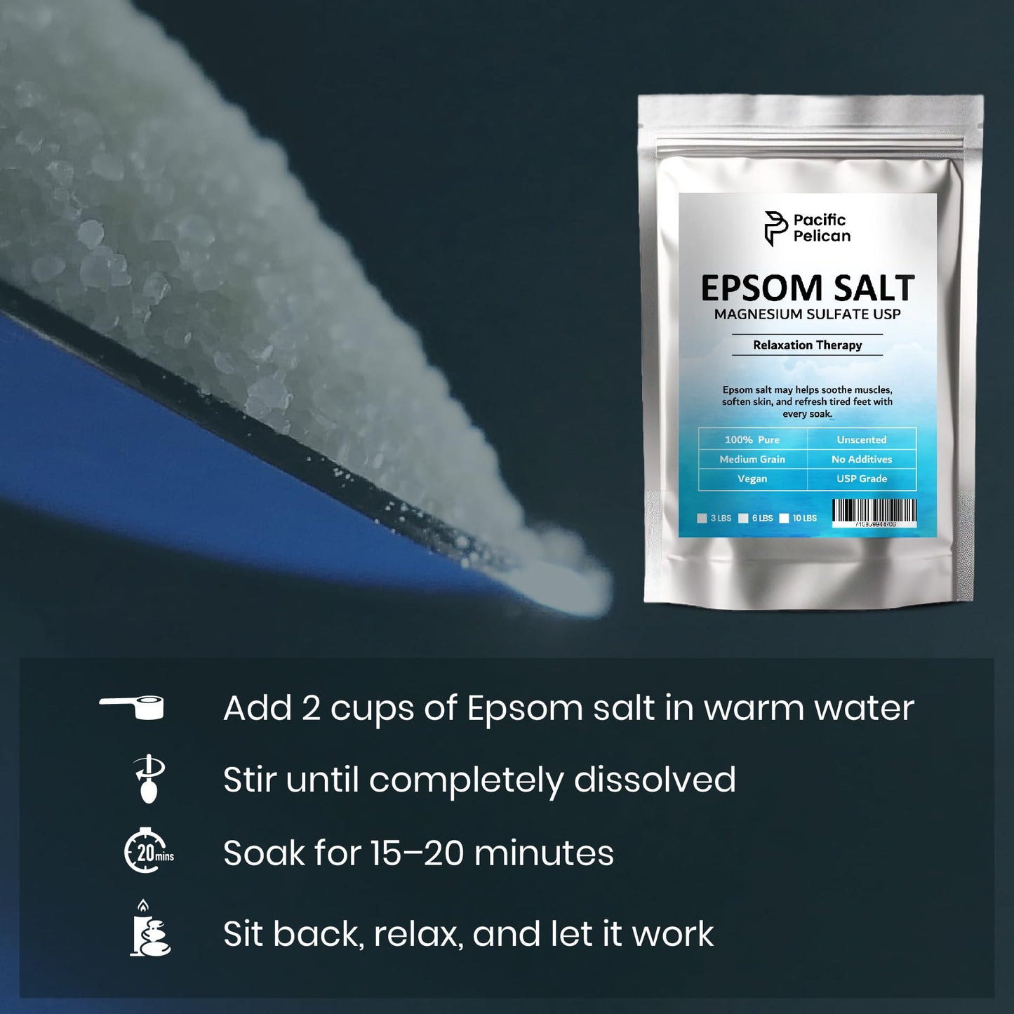 Pacific Pelican Epsom Salt for Bath & Foot Soaks - Stress Relief - Muscle Recovery - Skin Revitalization (3lb) Beauty and Personal Care Pacific Pelican