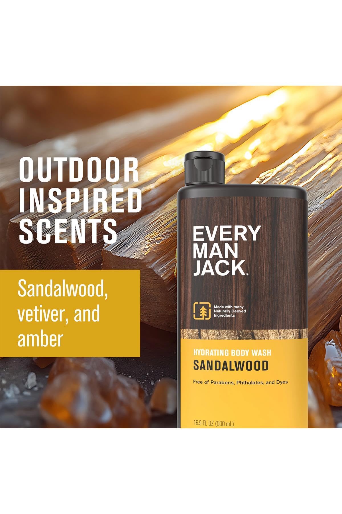 Every Man Jack Body Wash and Shower Gel 16.9 Ounce Sandalwood (499ml) (3 Pack)