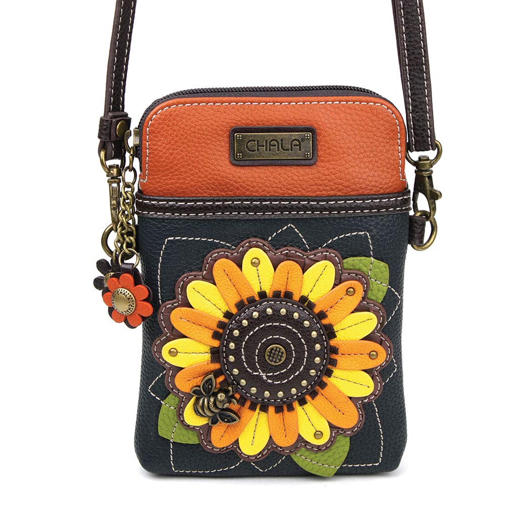CHALA Plant Life Collection Cell Phone Crossbody Purse-Women PU Leather/Canvas Multicolor Handbag with Adjustable Strap - Sunflower - navy