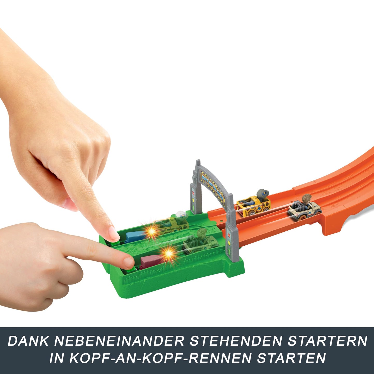 Hot Wheels Track Set & Toy Cars, RacerVerse Jurassic World Blue’s Raptor Rush Track Set with 2 Die-Cast Racers: Blue & Owen