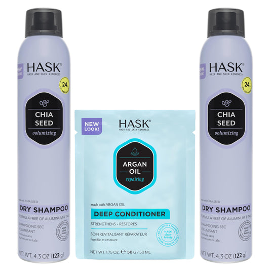 HASK Chia Seed Volumizing Dry Shampoo Duo (4.3oz-Qty 2) & Argan Oil Repairing Deep Conditioner Packette, Aluminum-Free, Sulfate-Free, Paraben-Free Beauty & Personal Care HASK