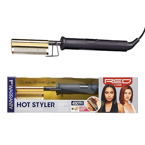 Red by Kiss Hot Comb Hair Straightener 450 Degrees, Curved Electric Heating Comb, Pressing Comb Brush for Straightening Hair and Beard, Curling Iron