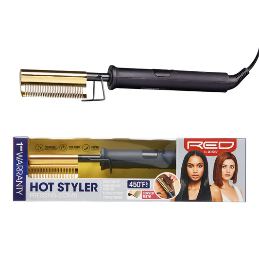 Red by Kiss Hot Comb Hair Straightener 450 Degrees, Curved Electric Heating Comb, Pressing Comb Brush for Straightening Hair and Beard, Curling Iron