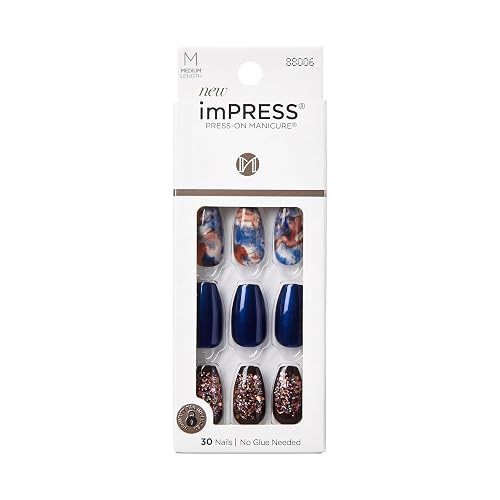 imPRESS Press-On Manicure Fake Nails, Indigo Autumn - Medium Length, Coffin Shape, Polish-Free Glitter Mani, Includes Prep Pad, Mini File, Manicure Beauty & Personal Care imPRESS