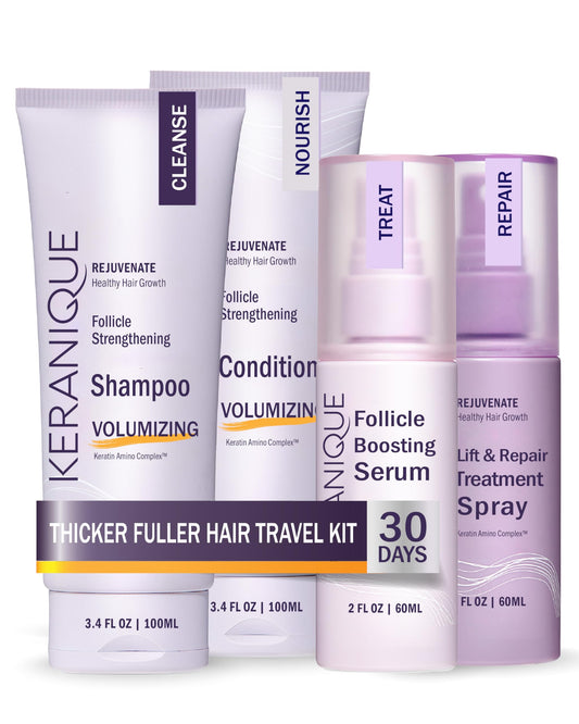 Keranique Hair Products Set for Thinning Hair - Volumizing Shampoo, Conditioner, Follicle Booster Serum, Spray for Fine Texture Boost, and Keratin