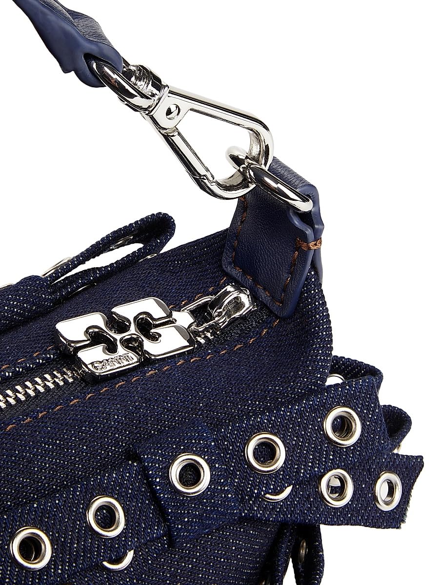 Ganni, Mini Butterfly Eyelet Denim Top Handle Pouch, Dark Navy