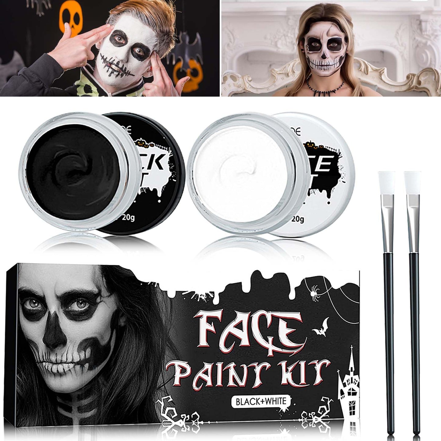 Black White Face Body Paint Set,Oil Based Face Painting Kit,Special Effects Halloween SFX Makeup Kit with 2 Brushes,Halloween Face Paint Palette Kit