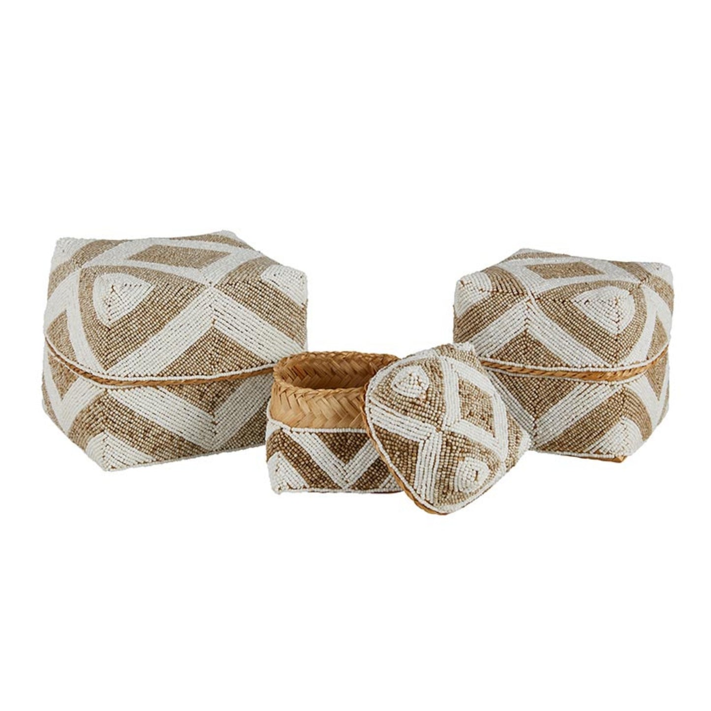 47th & Main Beaded Baskets Square Woven Bamboo Storage Boxes with Lids, Set of 3, Light Pattern