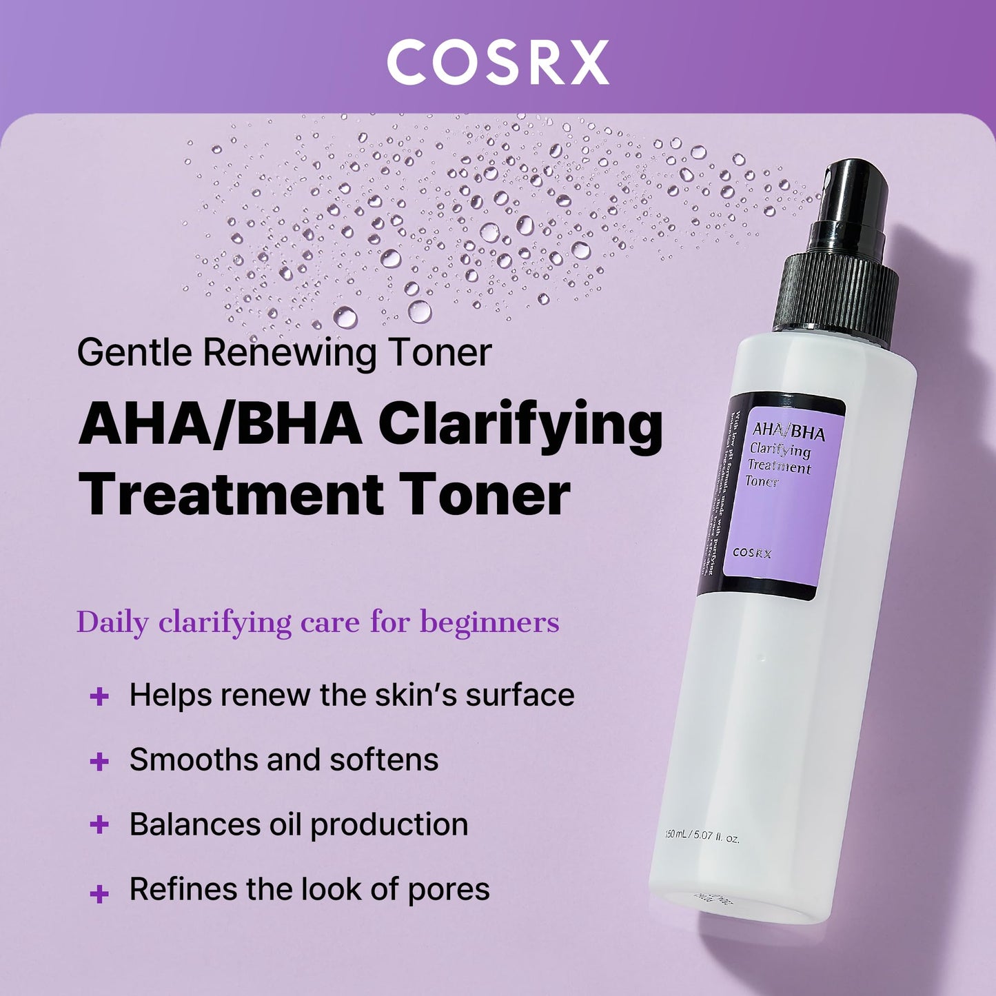 COSRX AHA/BHA Treatment Toner 5.07 fl.oz/ 150ml, Facial Exfoliating Spray for Whiteheads, Pores, & Uneven Skin, Korean Toner, Korean Skin Care