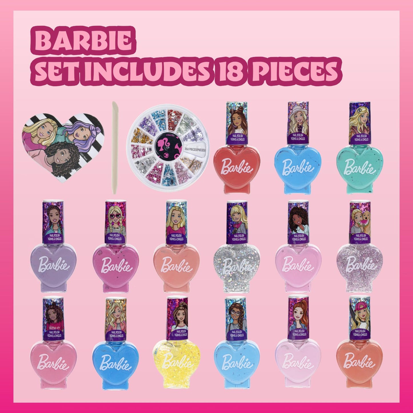 Barbie Movie 18 Piece Set Kids Water-Based Nail Polish Set, Includes Nail Polish, Nail Gems, Nail File for Age 3+, Parties Birthday by Townley Girl