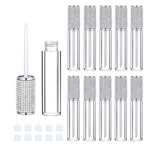 AJLTPA 10 Pack Crystal Rhinestone Lip Gloss Wand Tubes, 5ml Empty Lip Gloss Containers, Lipgloss Lip Balm Bottles with Rubber Stoppers for DIY Lip