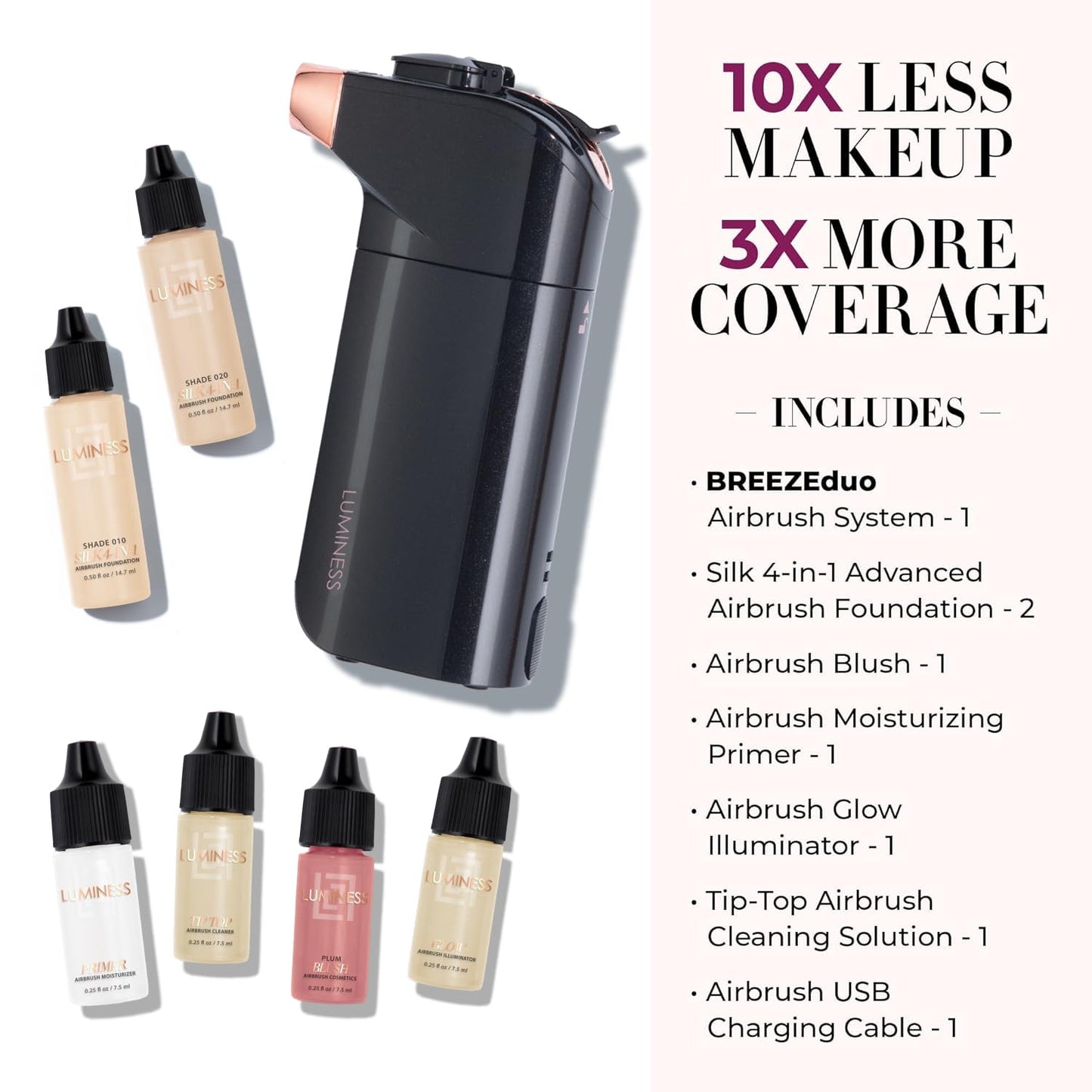 Luminess BREEZE DUO Airbrush Makeup System, Fair Coverage - 9-Piece Kit includes 2x Silk Airbrush Foundation, Soft Rose Blush, Glow Highlighter