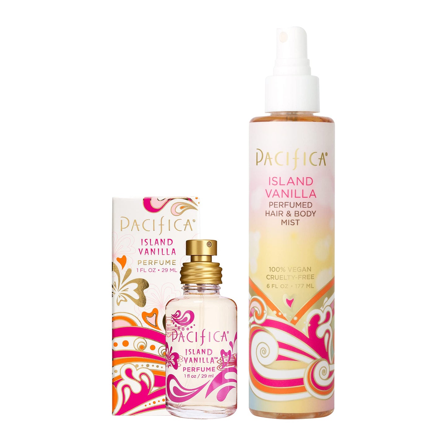 Pacifica Island Vanilla Spray Perfume & Hair and Body Mist Set - Tahitian Vanilla Clean Fragrance Duo, Essential Oil Blend, Alcohol-Free Hair/Body