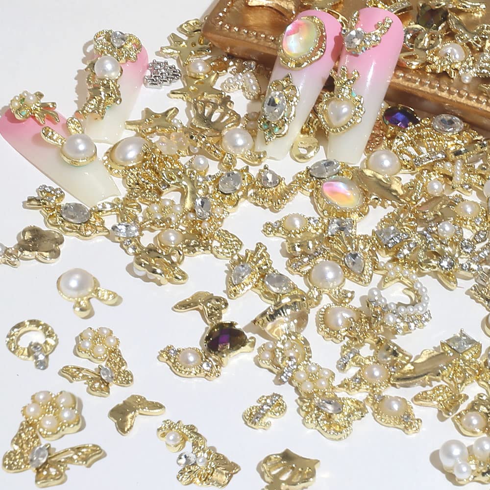 Dornail 50pcs Gold Nail Charms for Acrylic Nails, Mix Styles Shiny Pearl Alloy Nail Rhinestones Flower Butterfly Heart Star Charms for Nails Women