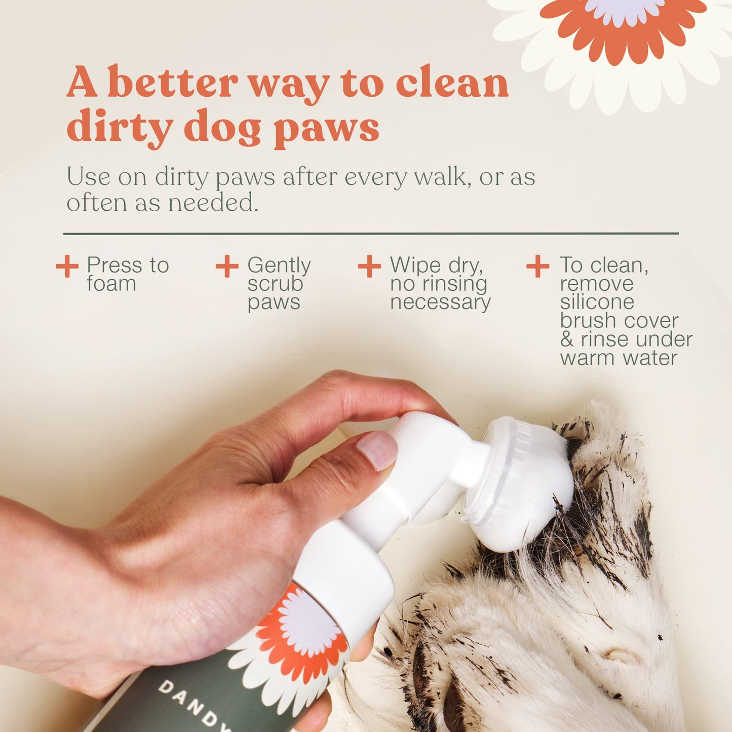 Dandylion Clean Paws No-Rinse Dog Paw Cleaner – Gentle, Fragrance-Free Foaming Wash with Silicone Brush, pH Balanced, Safe for All Dogs, 5 fl oz