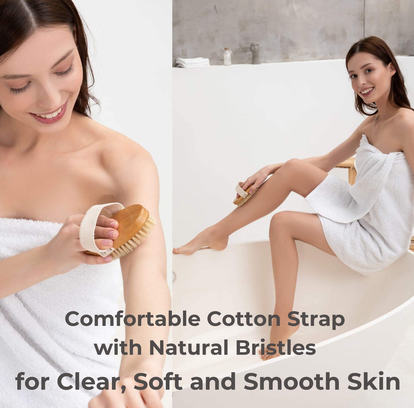Dry Brushing Body Brush Set - Natural Bristle Spa Exfoliator Kit with Face Cleansing Brush, Long Dry Brushing Body Brush for Lymphatic Drainage