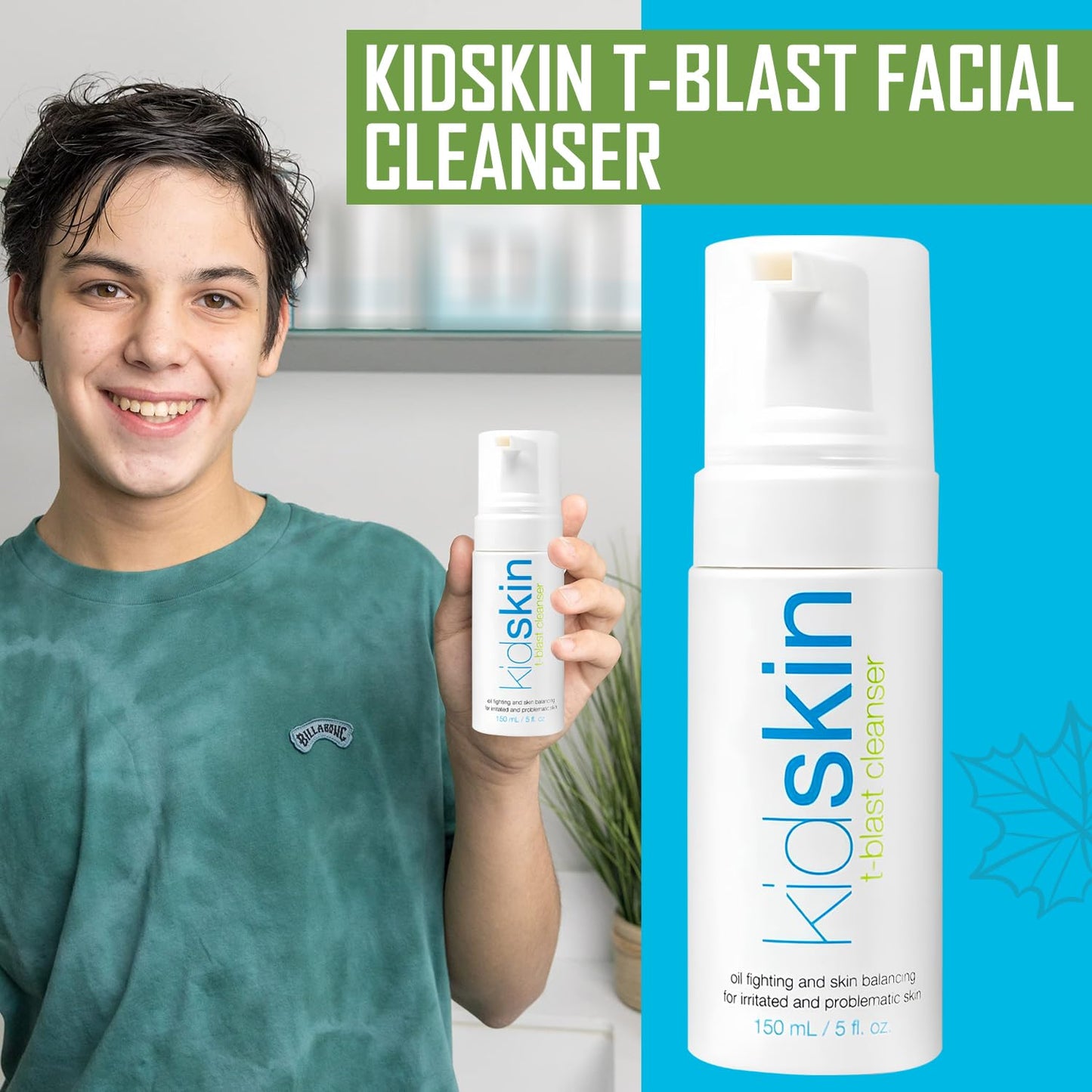 Kidskin T-Blast Facial Cleanser, Gentle Face Wash with Tea Tree Oil, Spot Skin Care for Kids and Teens, Non-Drying Natural Cleanser for Oily or Dry