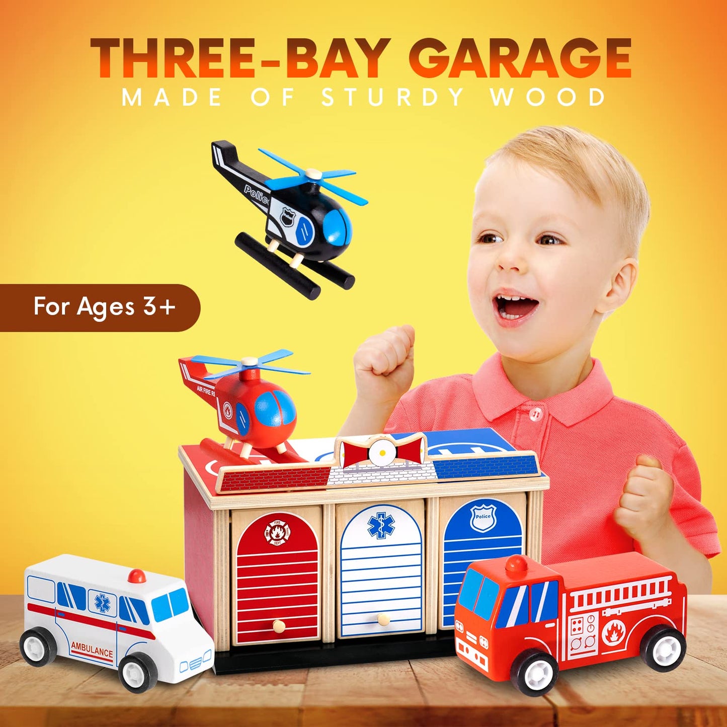 Rescue Station Wooden Playset – 2-Level Garage with Fire Truck, Ambulance, Police Car & 3 Helicopters – Emergency Vehicles for Kids 3+