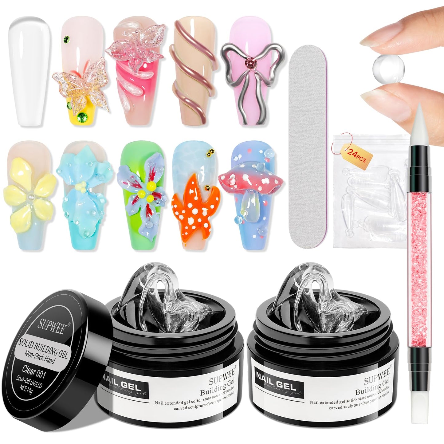 SUPWEE 2PCS Clear 3D Sculpting Gel Non-Stick Hand Solid Builder 3D Nail Gel Art with Silicone Pen for 3D Modeling Nail Art Home Manicure DIY for Women Beauty and Personal Care SUPWEE Default Title